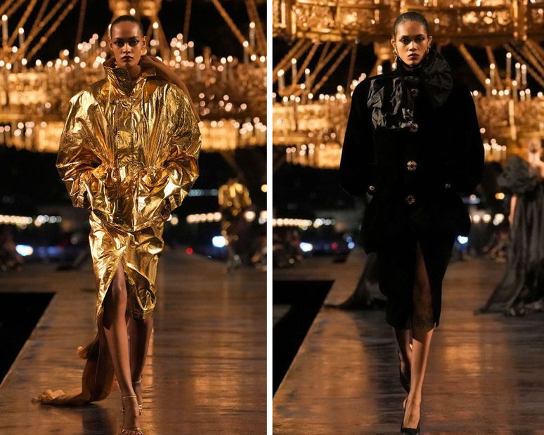 Modelos brasileiras Iasmin Reis e Thalita Ferreira no desfile da YSL 