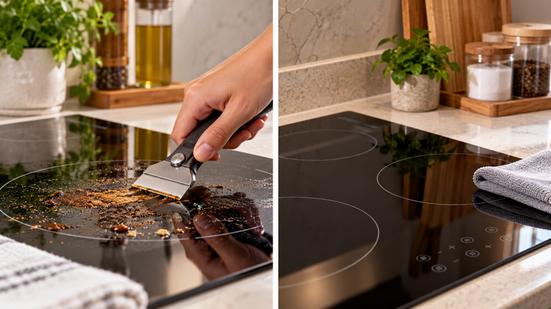 : Limpar cooktop de indu&ccedil;&atilde;o exige alguns cuidados. Veja como retirar res&iacute;duos queimados sem danificar a superf&iacute;cie e quais produtos evitar.