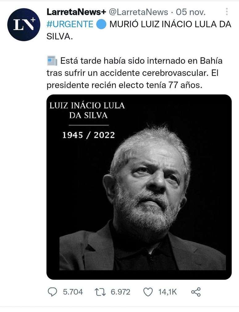 Perfil argentino Larreta News publicou sobre informa&ccedil;&atilde;o falsa sobre falecimento de Lula em 05 de novembro de 2022