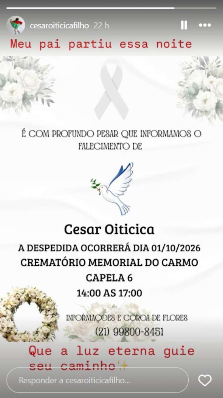 Despedida de C&eacute;sar Oiticica ser&aacute; realizada nesta quinta-feira, 1&ordm;, no Rio de Janeiro