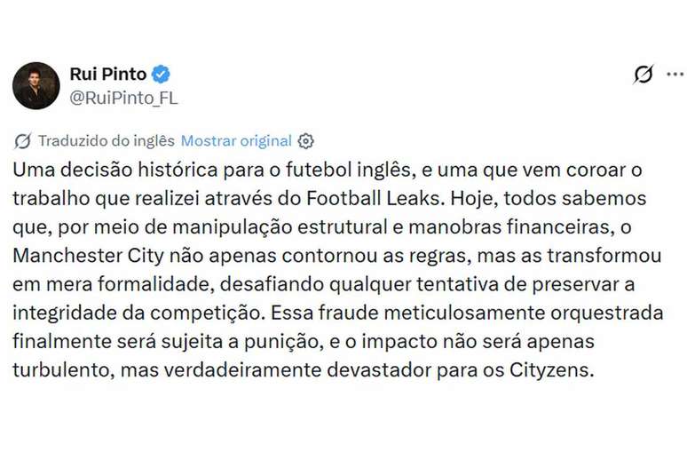 Rui Pinto, hacker portugu&ecirc;s que descobriu as fraudes do Manchester City, fez uma postagem sobre o caso &ndash;