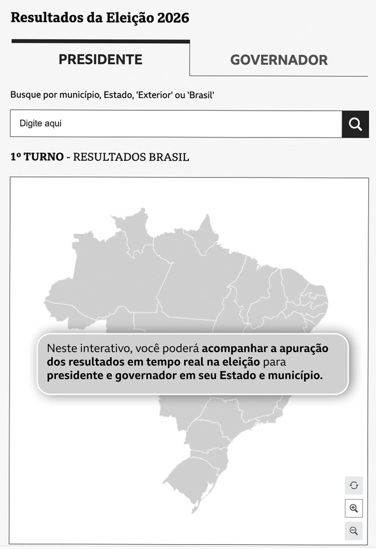 Imagem mostra mapa do Brasil em cinza, com o alerta de que o resultado em tempo real da apura&ccedil;&atilde;o ser&aacute; disponibilizado a partir do momento em que o TSE come&ccedil;ar a contagem dos votos