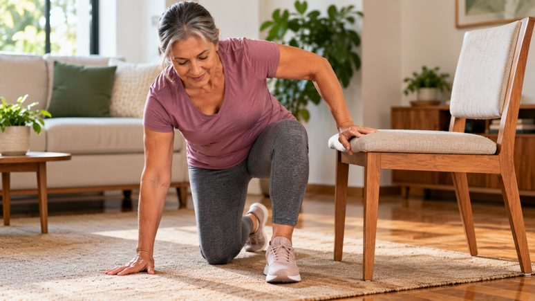 Aprenda uma progress&atilde;o para treinar como levantar do ch&atilde;o depois dos 50, usando uma cadeira firme e respeitando os limites do corpo.