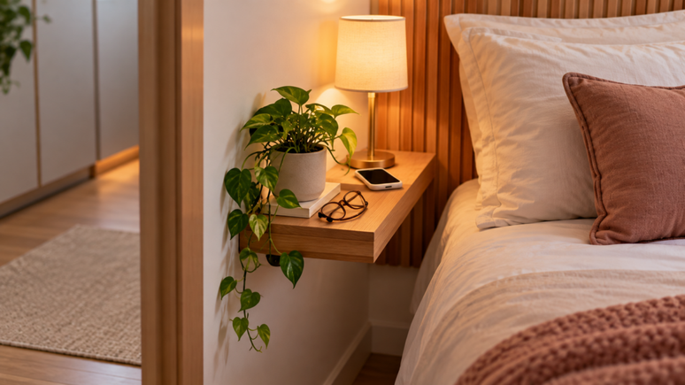 Veja como usar prateleiras estreitas ao lado da cama para organizar objetos essenciais, aproveitar as paredes e deixar mais espa&ccedil;o livre no quarto.