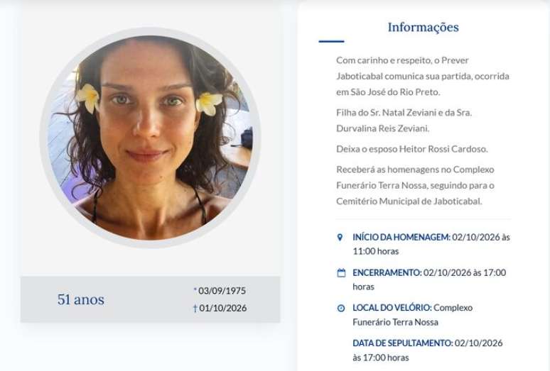 O sepultamento da cantora Karina Zeviani est&aacute; marcado para esta sexta-feira, 2, no Cemit&eacute;rio Municipal de Jaboticabal, no interior de S&atilde;o Paulo