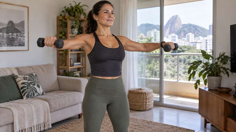 Cinco movimentos com halteres podem fortalecer bra&ccedil;os e ombros em casa.