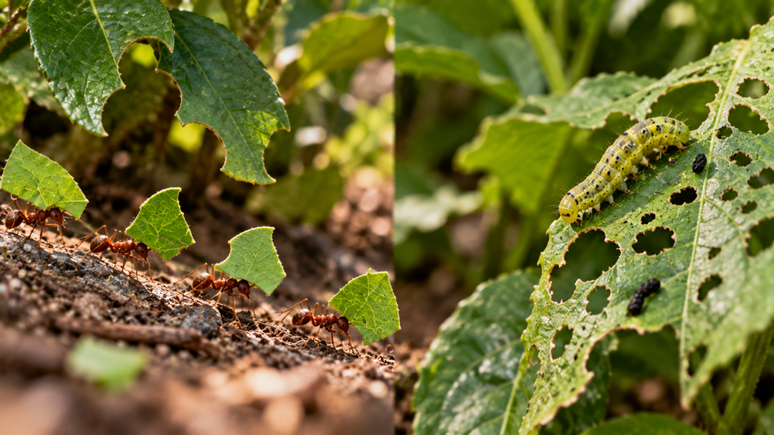 Formigas carregando peda&ccedil;os de folhas ou folhas cheias de furos? Entenda os sinais que ajudam a identificar qual praga est&aacute; atacando suas plantas.