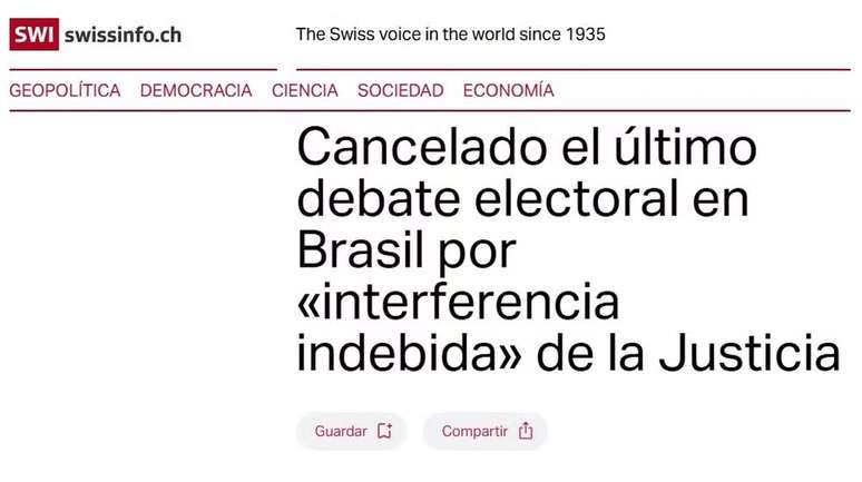SwissInfo, da Su&iacute;&ccedil;a, tamb&eacute;m noticiou o cancelamento, criticando o Judici&aacute;rio do Brasil