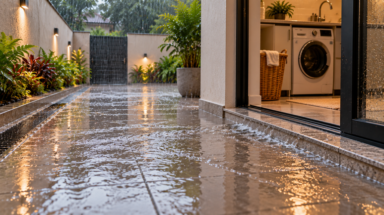 Eliminar o degrau do quintal exige cuidado com a drenagem. Entenda por que o piso precisa ter caimento para impedir que a chuva chegue &agrave; porta.