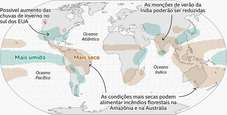Mapa-m&uacute;ndi mostrando os efeitos do El Ni&ntilde;o