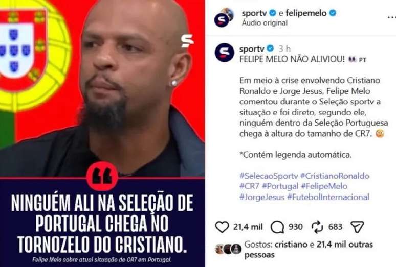 Cristiano Ronaldo curtiu publica&ccedil;&atilde;o com cr&iacute;ticas de Felipe Melo a jogadores portugueses &ndash; Reprodu&ccedil;&atilde;o
