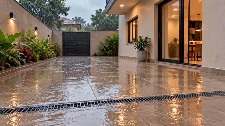 Piso no quintal muda o caminho da &aacute;gua da chuva e pode causar ac&uacute;mulos. Entenda como planejar ralos, canaletas e &aacute;reas de infiltra&ccedil;&atilde;o.