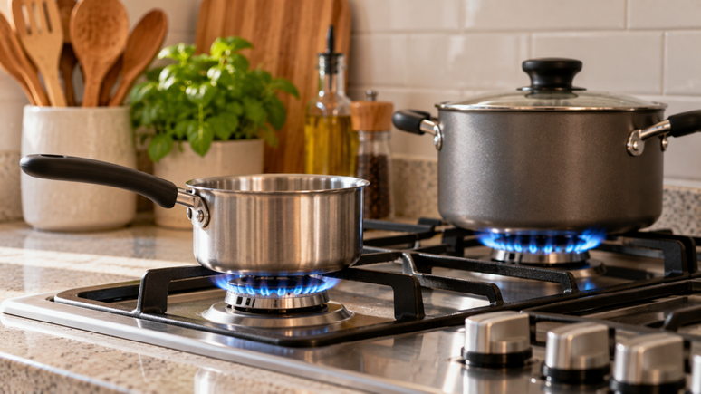Boca grande em panela pequena pode espalhar calor pelas laterais. Entenda como escolher o queimador e ajustar a chama para cozinhar com mais efici&ecirc;ncia.