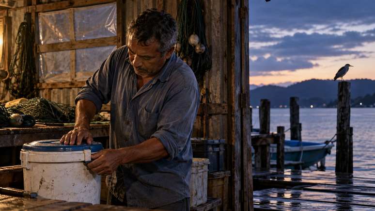 Um soc&oacute;-dorminhoco entrava no galp&atilde;o para retirar pequenos peixes.