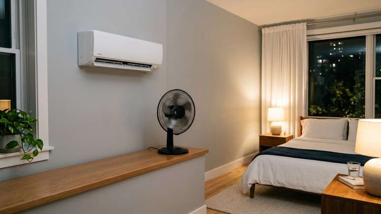 Combinar o uso do ar-condicionado com um ventilador ajuda a espalhar o frescor pelo quarto de forma mais eficiente.