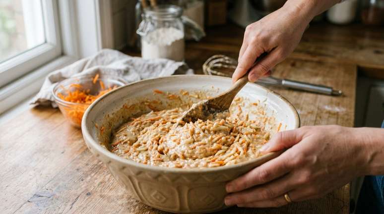 Uma base simples leva ma&ccedil;&atilde;, cenoura, ovos, farinha, fermento e algum ingrediente para dar gordura e maciez.