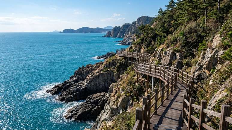 A trilha Galmaet-gil revela paisagens mar&iacute;timas impressionantes que culminam na estrutura suspensa do Oryukdo Skywalk.