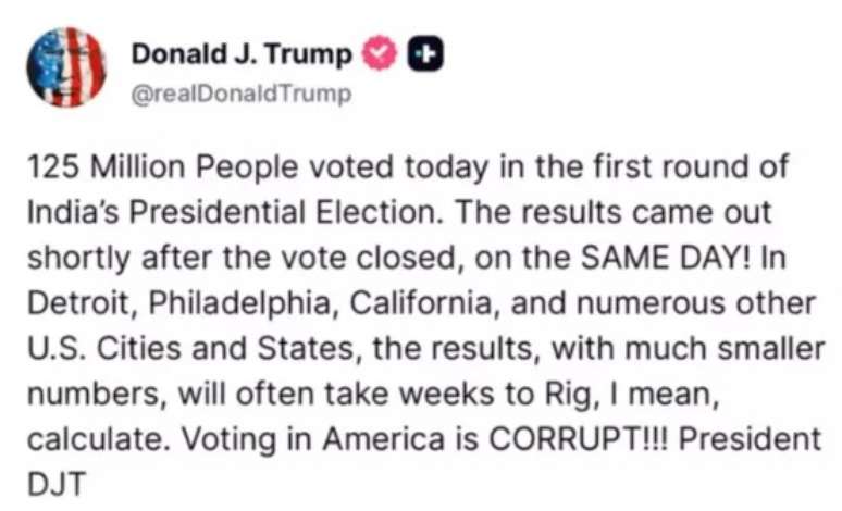 Post de Donald Trump na Truth Social.