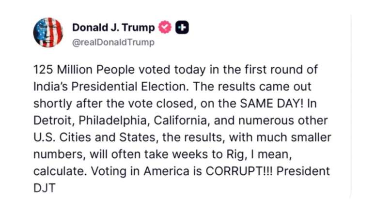Trump citou elei&ccedil;&otilde;es na &Iacute;ndia, que n&atilde;o realizou elei&ccedil;&atilde;o neste domingo, 4. Ele se referia &agrave;s elei&ccedil;&otilde;es no Brasil, e depois modificou o post.