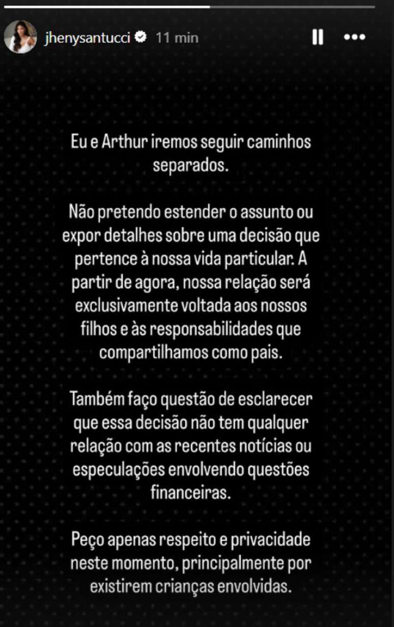 Ao confirmar a separa&ccedil;&atilde;o, Jheny pediu privacidade &agrave; fam&iacute;lia