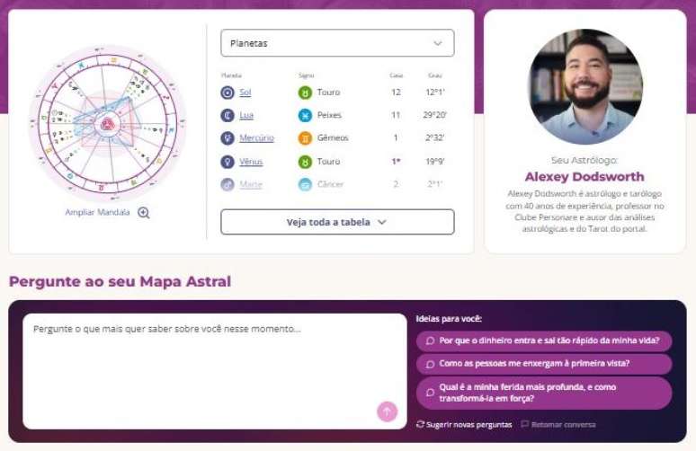 Campo Pergunte ao seu Mapa Astral logo abaixo da mandala no Novo Mapa Astral Personare