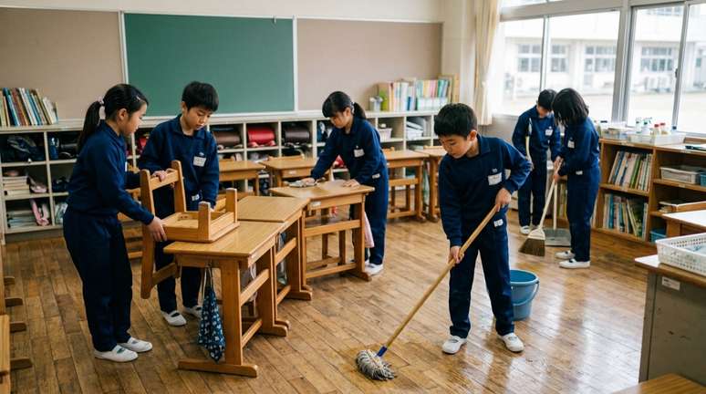 Em muitas escolas japonesas, os pr&oacute;prios alunos participam da limpeza de salas, corredores e outras &aacute;reas.