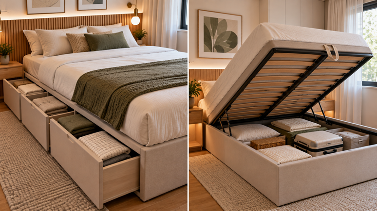 Quer aproveitar melhor um quarto pequeno? A cama com armazenamento concentra duas fun&ccedil;&otilde;es em um s&oacute; m&oacute;vel e pode ajudar a reduzir a necessidade de outros arm&aacute;rios.