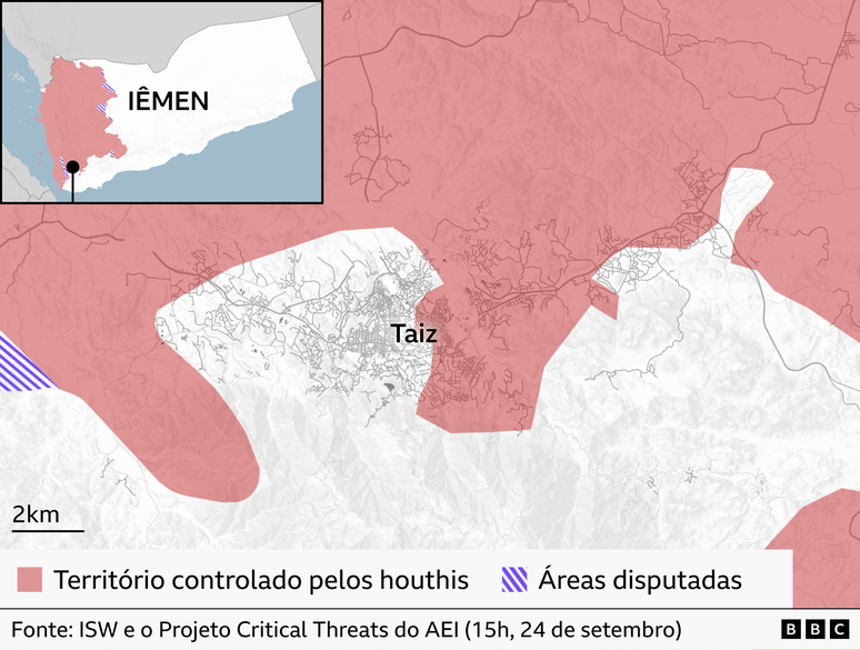 Mapa detalhado de Taiz, no sudoeste do I&ecirc;men, mostrando as &aacute;reas de controle territorial em 20 de setembro. O territ&oacute;rio controlado pelos Houthis est&aacute; sombreado em rosa e circunda grande parte da cidade, enquanto as &aacute;reas brancas marcam o territ&oacute;rio fora do controle dos Houthis e as faixas diagonais roxas indicam &aacute;reas disputadas.