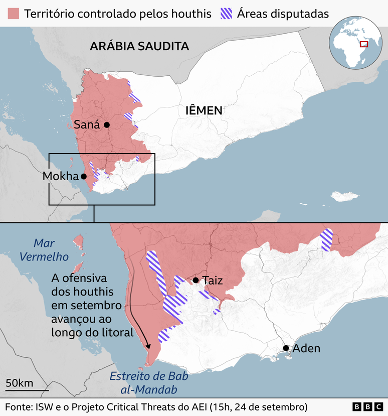 Mapa de dois pain&eacute;is do I&ecirc;men mostrando o territ&oacute;rio controlado pelos Houthis e as &aacute;reas disputadas em 24 de setembro. O territ&oacute;rio controlado pelos Houthis, sombreado em rosa, abrange grande parte do oeste do I&ecirc;men, incluindo Sanaa, e se estende para o sul ao longo da costa do Mar Vermelho em dire&ccedil;&atilde;o ao Estreito de Bab el-Mandab. As &aacute;reas com listras roxas marcam o territ&oacute;rio disputado ao redor das fronteiras do controle Houthi. O mapa inferior ampliado destaca os avan&ccedil;os obtidos por uma ofensiva Houthi ao longo da costa sudoeste em setembro, com Taiz na linha de frente. Um globo terrestre inserido localiza o I&ecirc;men. Fonte: Projeto de Amea&ccedil;as Cr&iacute;ticas do ISW e do AEI.