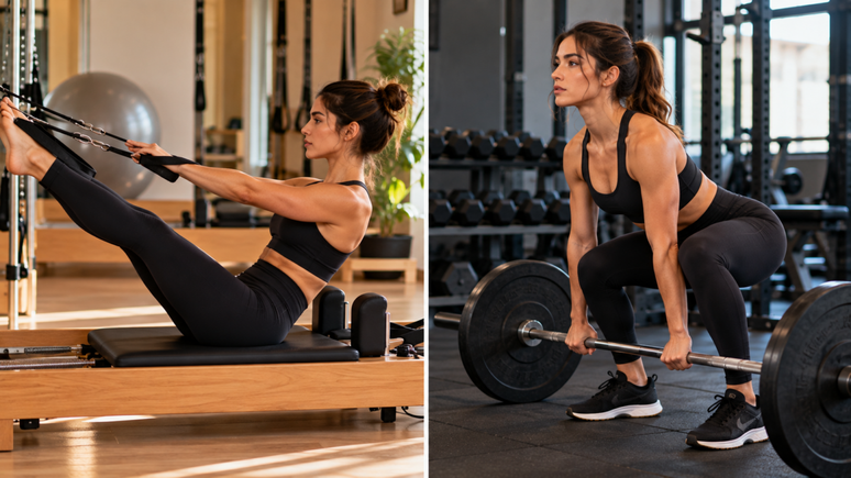 Qual &eacute; melhor: Pilates ou muscula&ccedil;&atilde;o? Veja como objetivo, progress&atilde;o de carga, controle corporal e mobilidade influenciam essa escolha.