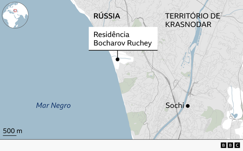 Mapa mostra a resid&ecirc;ncia oficial do presidente da R&uacute;ssia, Vladimir Putin, &agrave;s margens do Mar Negro, em Bocharov Ruchey, Sochi, no Territ&oacute;rio de Krasnodar