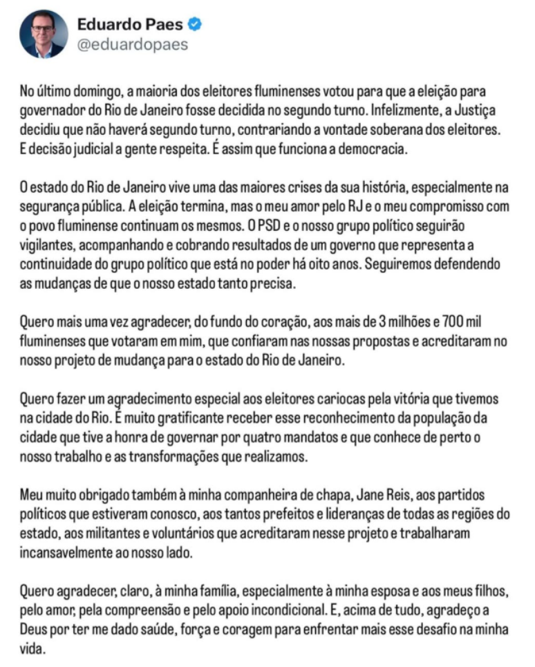 Nota publicada por Eduardo Paes (PSD) nas redes sociais na noite desta quinta-feira, 8