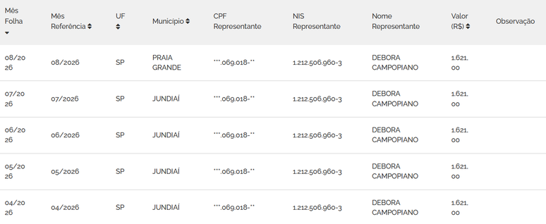 Extrato de pagamento do Benef&iacute;cio de Presta&ccedil;&atilde;o Continuada (BPC) de D&eacute;bora Campopiano, m&atilde;e da deputada eleita Eduarda Campopiano