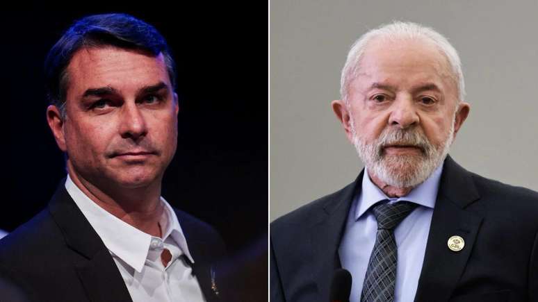 Montagem com fotos em close de Fl&aacute;vio Bolsonaro e Lula