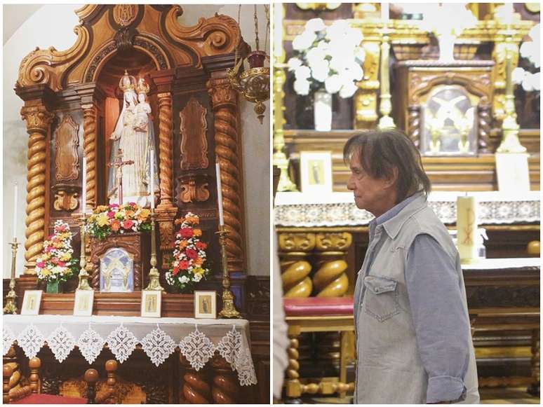 O altar com a imagem da santa e Roberto Carlos ao fim de uma missa