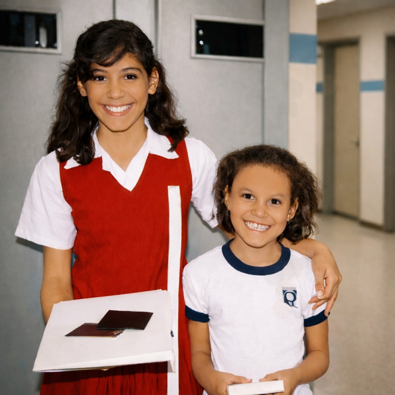 Consuelo, na sua formatura do ensino fundamental, com Paty