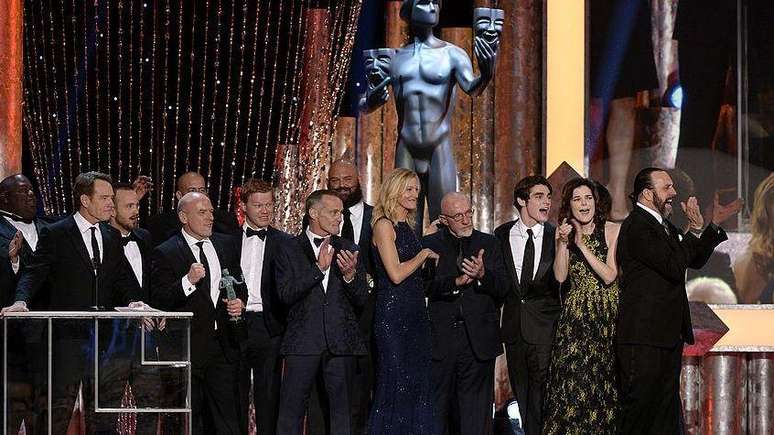 O elenco de Breaking Bad no Screen Actors Guild Awards (Pr&ecirc;mio do Sindicato dos Atores), em 2014