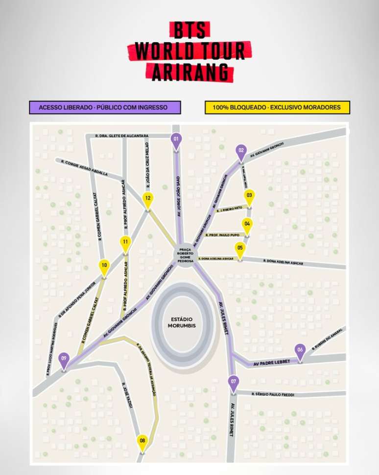 Mapa das ruas com acesso liberado e restrito durante shows do BTS no MorumBIS.