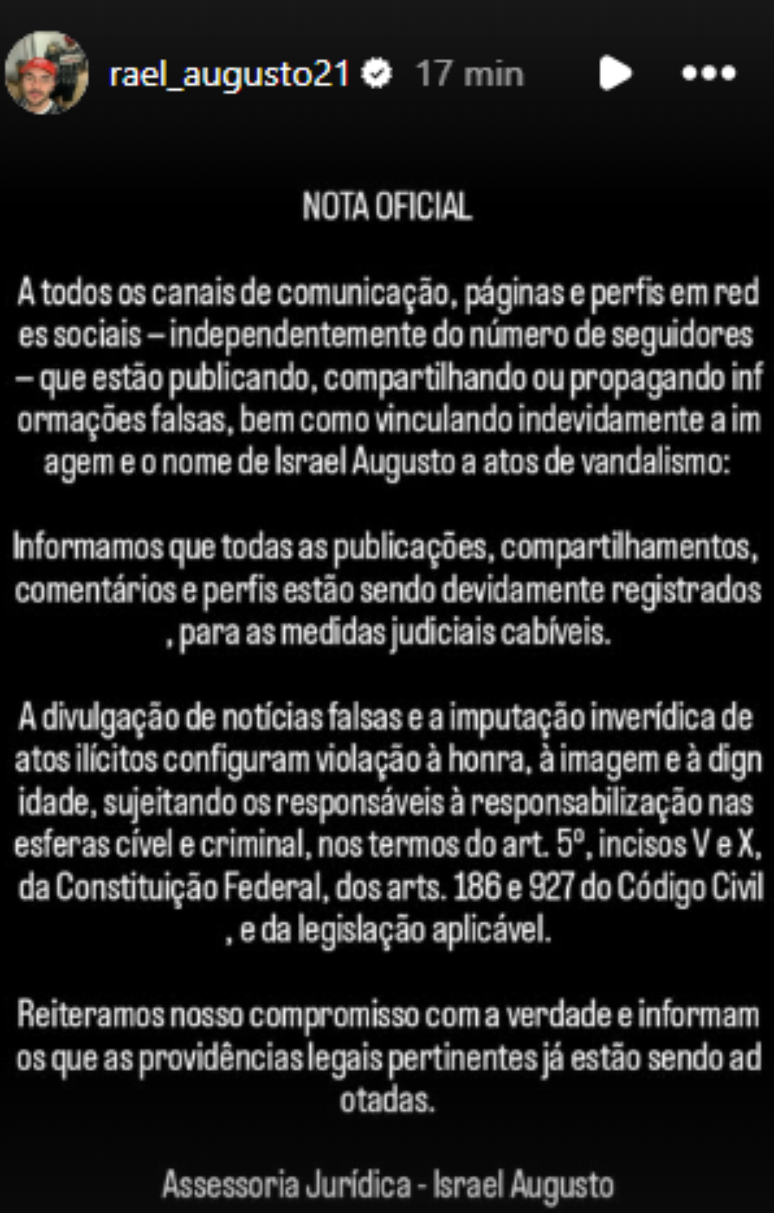Israel Augusto se manifesta nas redes sociais