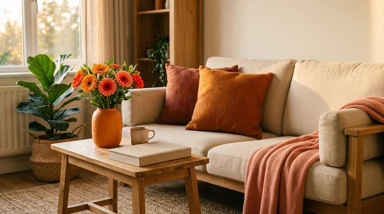 Decora&ccedil;&atilde;o com a cor do ano 2027: laranja e terracota na sala