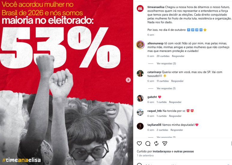 'Cada direito conquistado pelas mulheres foi fruto de muita luta, resist&ecirc;ncia e organiza&ccedil;&atilde;o. Nada nos foi dado', diz o post de Ana Elisa durante a campanha