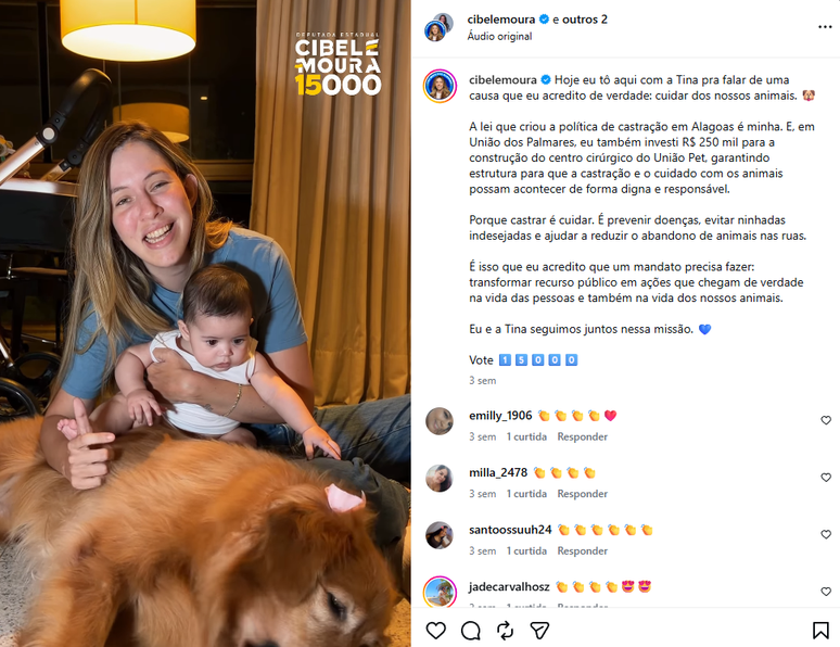 'Castrar &eacute; cuidar', diz o post de Cibele Moura (MDB-AL) sobre a pol&iacute;tica de castra&ccedil;&atilde;o de animais em Alagoas com a cachorra e a filha