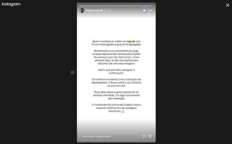 Pedido de desculpas de Thiago Mendes no Instagram &ndash;