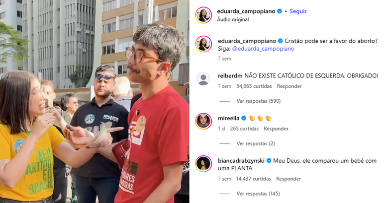 Em cortes nas redes, Campopiano compartilha momentos em que confronta pessoas que t&ecirc;m opini&otilde;es diferentes das suas. No post acima, a discuss&atilde;o &eacute; sobre se crist&atilde;o pode ser a favor do aborto.