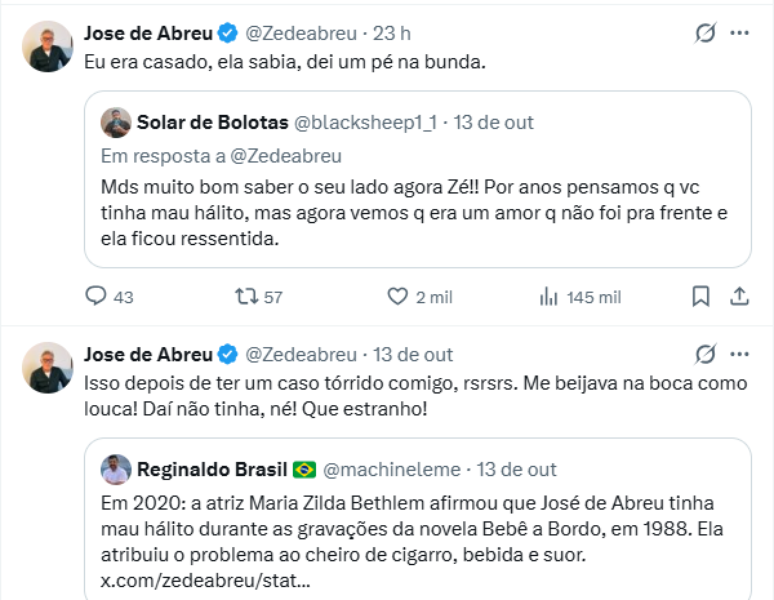 Jos&eacute; de Abreu responde sobre caso com Maria Zilda no passado