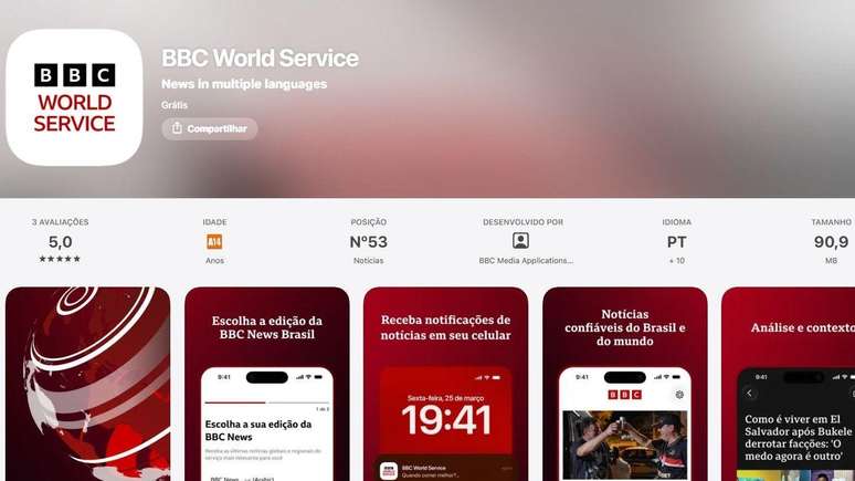 O aplicativo da BBC World Service encontra-se dispon&iacute;vel nas lojas de aplicativos