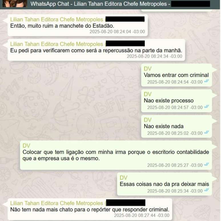 Trecho de di&aacute;logo do banqueiro Daniel Vorcaro com cr&iacute;ticas a reportagem do 'Estad&atilde;o' sobre Banco Master