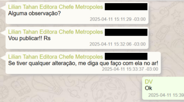 Mensagens entre Lilian e Vorcaro