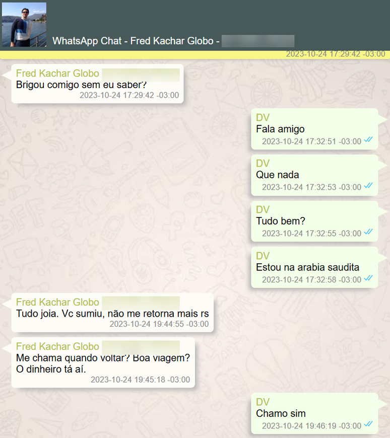 Conversa entre Fred Kachar, ex-diretor-geral de M&iacute;dia Impressa e R&aacute;dios do Grupo Globo, com o ex-banqueiro Daniel Vorcaro