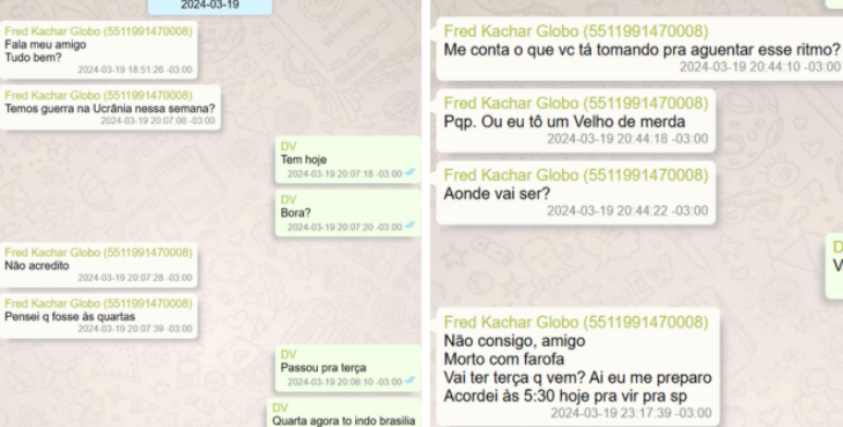 Troca de mensagens entre Fred Kachar e Daniel Vorcaro